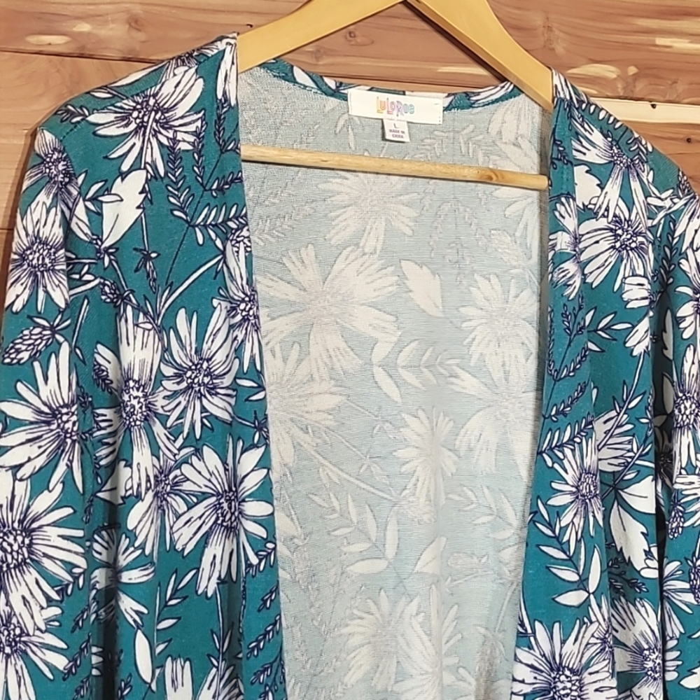 LuLaRoe Sarah Cardigan, Size L, Teal, with Navy & White Floral Design